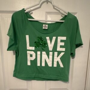 PINK Victoria's Secret Green Shamrock Sequin Crop Tee "Kiss Me" XS St Patrick's